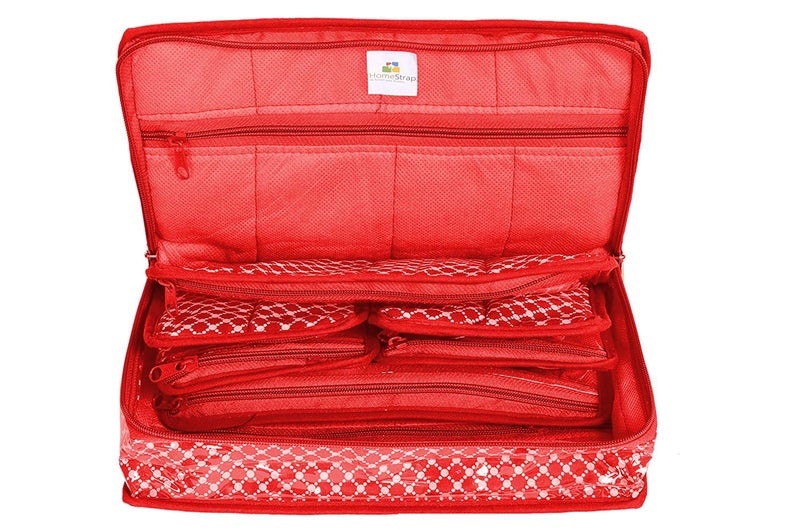 HomeStrap Cotton Multipurpose 8 Pocket Jewellery Storage Bag Pouch/Travel Kit Organizer - Red - Image 1