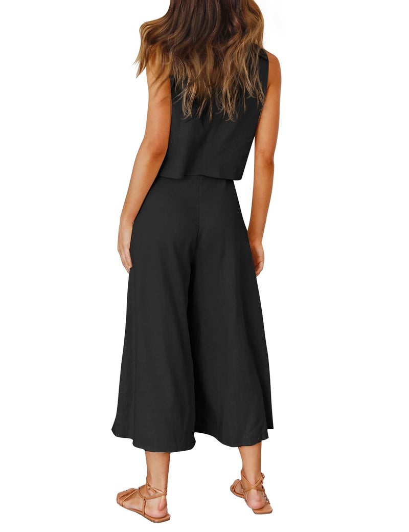 ROYLAMP Women's Summer 2 Piece Outfits Round neck Crop Basic Top Cropped Wide Leg pants Set Jumpsuits Black S - Image 4