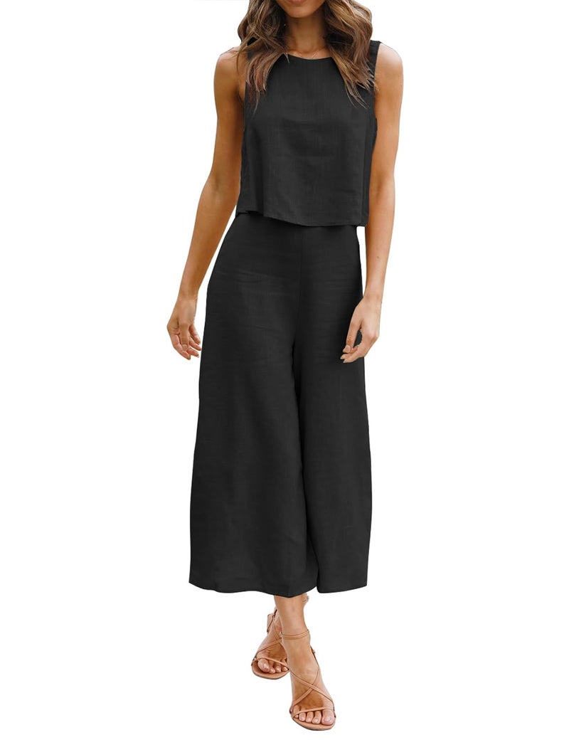 ROYLAMP Women's Summer 2 Piece Outfits Round neck Crop Basic Top Cropped Wide Leg pants Set Jumpsuits Black S - Image 2