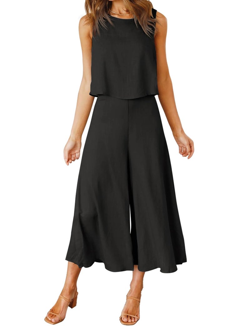 ROYLAMP Women's Summer 2 Piece Outfits Round neck Crop Basic Top Cropped Wide Leg pants Set Jumpsuits Black S - Image 1