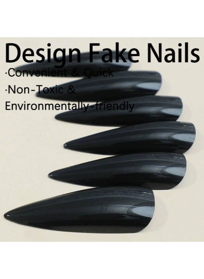 Goolsky أظافر صناعية طويلة مدببة فاخرة باللون الأسود الداكن لجرأة جريئة - Image 4