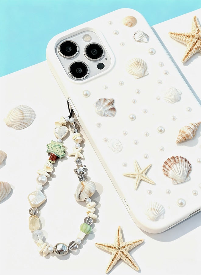 Cute Phone Charm decorated with Lovely Palm Tree Handmade Exquisite White Heart Shaped Beaded Phone Lanyard Wrist Strap for Women Girls Daliy Used Travel Parties Photo Shoots Birthday Holiday Gifts Keychains Small Bags - Image 1