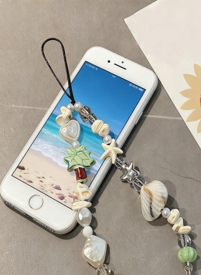 Cute Phone Charm decorated with Lovely Palm Tree Handmade Exquisite White Heart Shaped Beaded Phone Lanyard Wrist Strap for Women Girls Daliy Used Travel Parties Photo Shoots Birthday Holiday Gifts Keychains Small Bags - Image 5