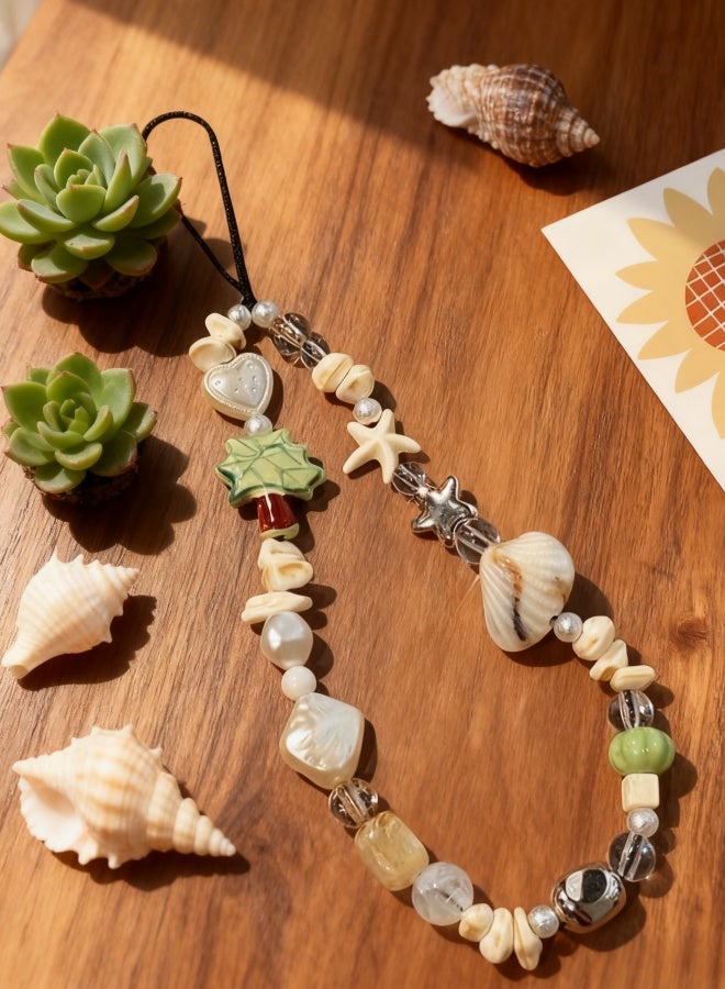 Cute Phone Charm decorated with Lovely Palm Tree Handmade Exquisite White Heart Shaped Beaded Phone Lanyard Wrist Strap for Women Girls Daliy Used Travel Parties Photo Shoots Birthday Holiday Gifts Keychains Small Bags - Image 4