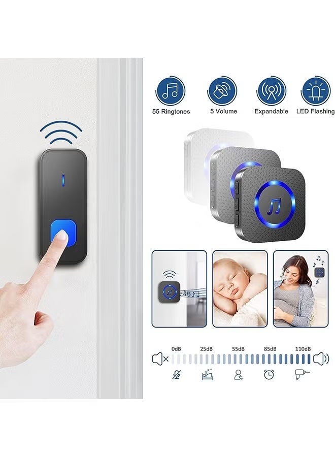 Wireless Loud Waterproof Doorbell, Easy installation, 1300ft Range, 55 Chimes 5 Adjustable Volume Levels, LED Flash (2 Button +1 Receivers) - Image 3
