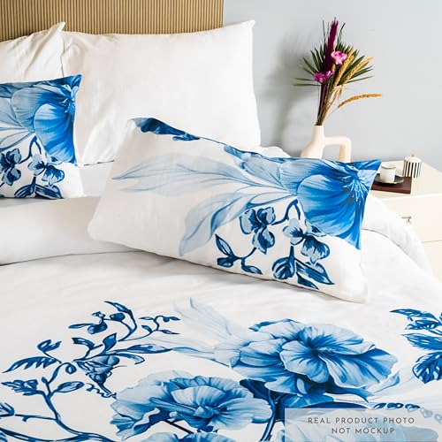 RUSTIQUE LINENS | Digitally Printed with Reactive Ink Tech | 300 TC 100% Organic Cotton Queen Premium Bedsheet Set | Ultra-Soft Satin-Like Finish | Floral Azure Blue - Image 2