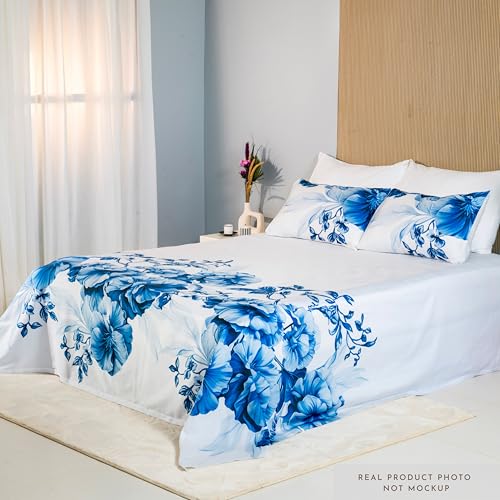 RUSTIQUE LINENS | Digitally Printed with Reactive Ink Tech | 300 TC 100% Organic Cotton Queen Premium Bedsheet Set | Ultra-Soft Satin-Like Finish | Floral Azure Blue - Image 4