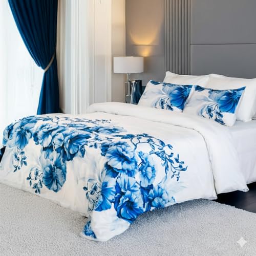 RUSTIQUE LINENS | Digitally Printed with Reactive Ink Tech | 300 TC 100% Organic Cotton Queen Premium Bedsheet Set | Ultra-Soft Satin-Like Finish | Floral Azure Blue - Image 1