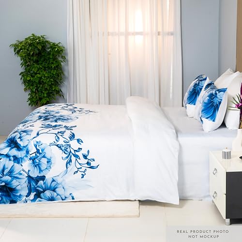 RUSTIQUE LINENS | Digitally Printed with Reactive Ink Tech | 300 TC 100% Organic Cotton Queen Premium Bedsheet Set | Ultra-Soft Satin-Like Finish | Floral Azure Blue - Image 3
