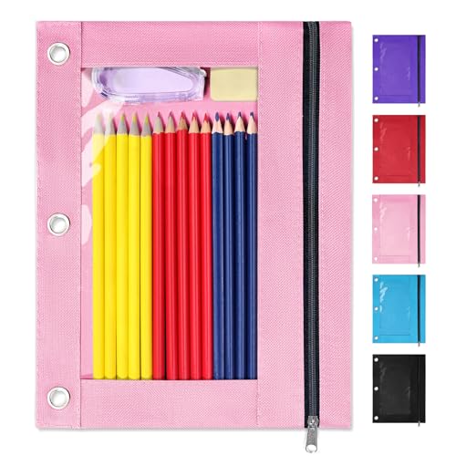 SUNEE Pencil Pouch for 3 ring binder, Pencil Bag for Binder with Zippers, Pink Pencil Case for Students Organizer, Pink - Image 1