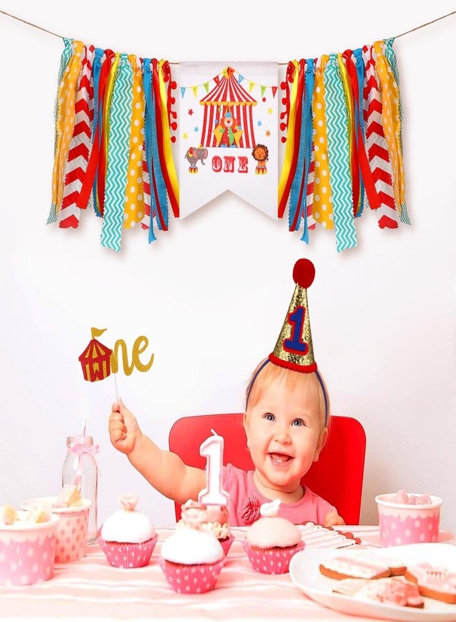 بريتي زووم زينة عيد ميلاد أول من Amosfun، بتصميم كرنفال السيرك، 3 قطع، لافتة ملونة لكرسي مرتفع، علم كعكة، قبعة، لوازم حفلات، متعددة الألوان، 98.42 × 8.26 × 6.69 بوصة - Image 2