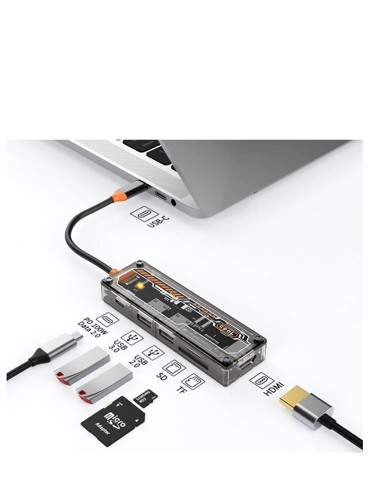 USB hubs 6-in-1 USBC Transparent Docking Station 1x 4K HDMI 1x USB3.0 1x USB2.0 1x USB-C Data Port 1x PD TypeC Port 1x SD Card Slot 1x TF Card