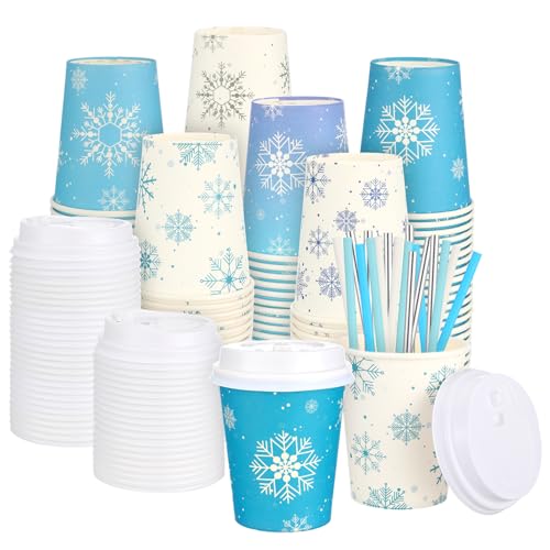 Suttmin 48 Sets 9 oz Christmas Snowflake Disposable Coffee Cups Hot Coffee Paper Cups with Lids and Straws Bulk Disposable Espresso Tea Mug for Christmas Holiday Party Supplies