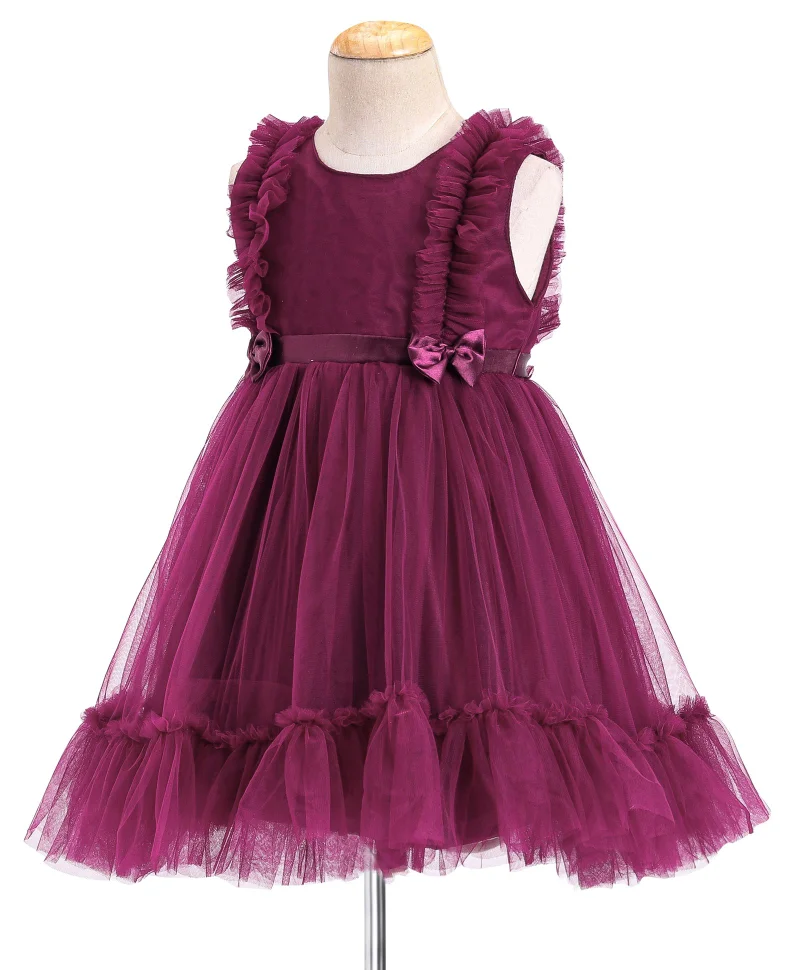 babyhug Babyhug Sleeveless Mesh Party Frock with Frill Detailing & Bow Applique -  Aubergine