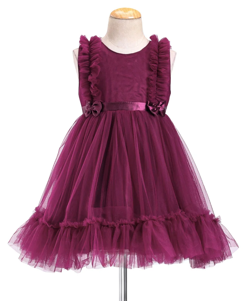 babyhug Babyhug Sleeveless Mesh Party Frock with Frill Detailing & Bow Applique -  Aubergine