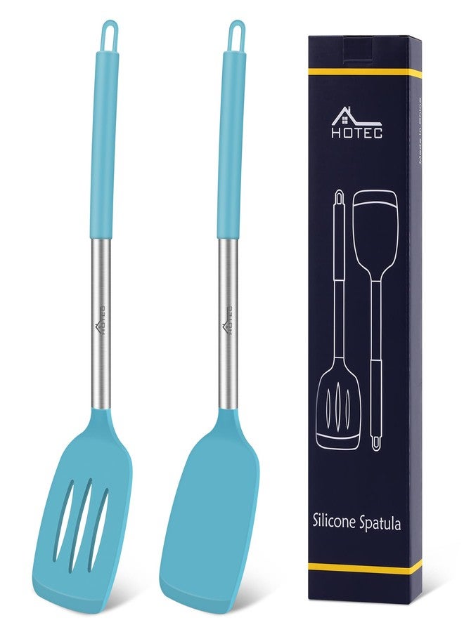 HOTEC Silicone Spatula Set of 2 Heat-Resistant 600°F & BPA-Free Kitchen SaptulaTurner with Stainless Steel Handles, Slotted & Solid Spatulas for Nonstick Cookware, 13.7 Inch, Blue - Image 1