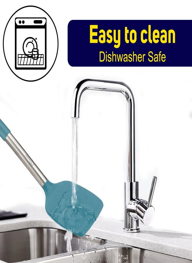 HOTEC Silicone Spatula Set of 2 Heat-Resistant 600°F & BPA-Free Kitchen SaptulaTurner with Stainless Steel Handles, Slotted & Solid Spatulas for Nonstick Cookware, 13.7 Inch, Blue - Image 4