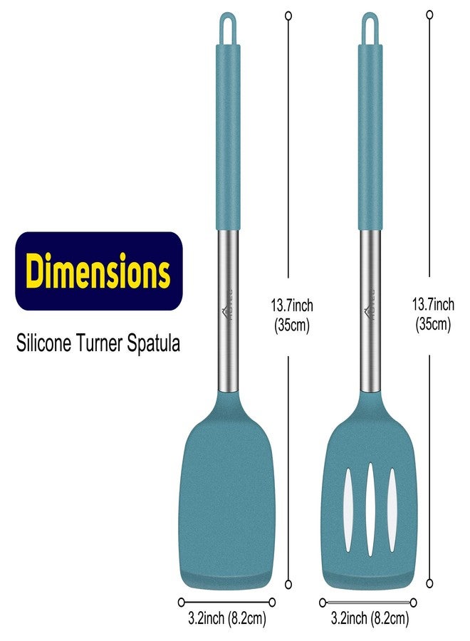 HOTEC Silicone Spatula Set of 2 Heat-Resistant 600°F & BPA-Free Kitchen SaptulaTurner with Stainless Steel Handles, Slotted & Solid Spatulas for Nonstick Cookware, 13.7 Inch, Blue - Image 2