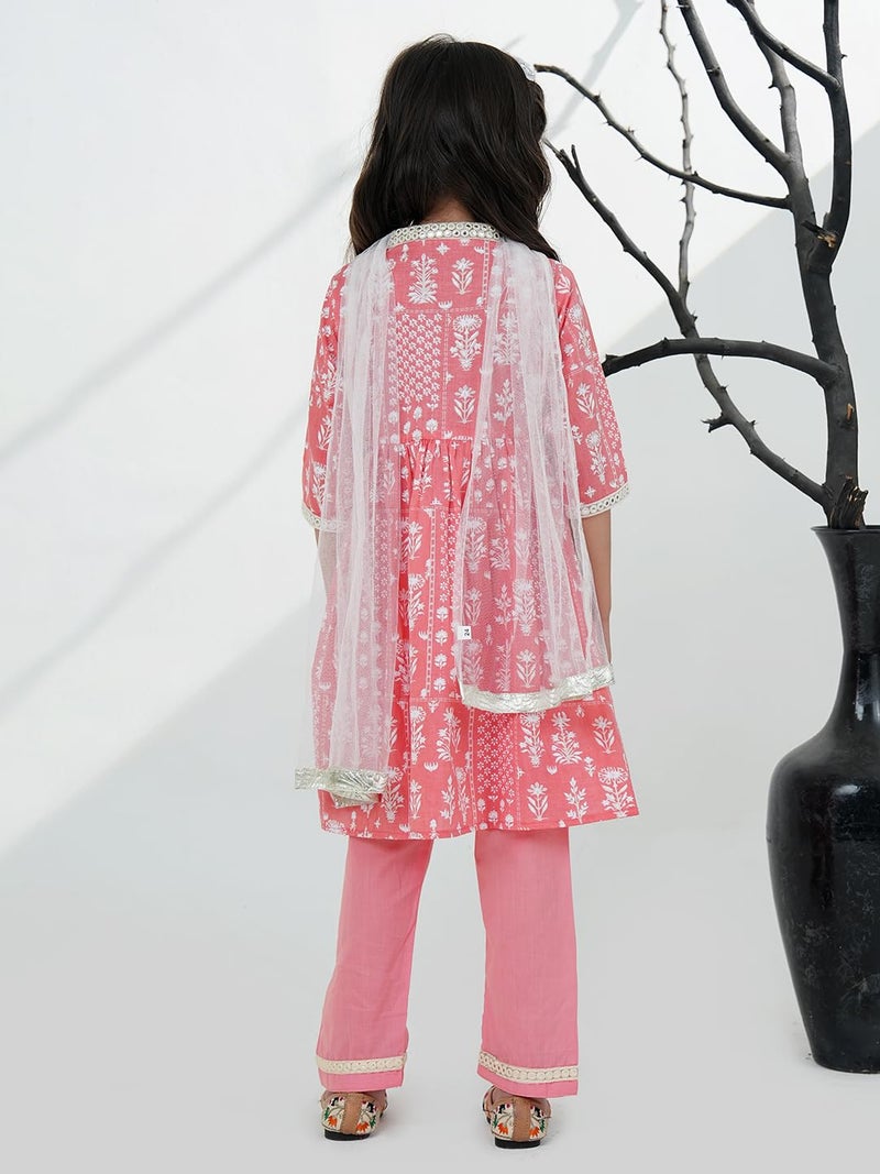 AJ DEZINES Kids Cotton 3/4th Sleeve Pink Kurta Sharara Set for Girls - Ethnic Wear | Festival Wear - Floral Printed, Regular Fit (G-1166-PINK-12-18M-16) - Image 3