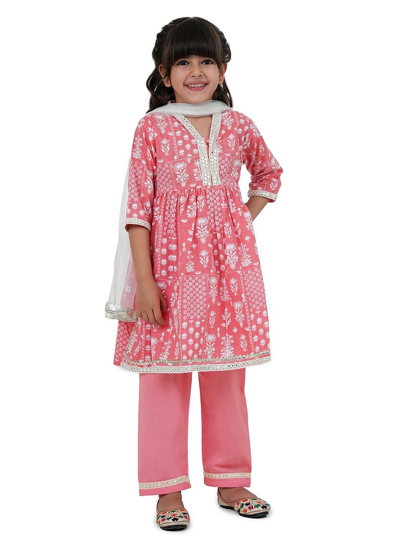 AJ DEZINES Kids Cotton 3/4th Sleeve Pink Kurta Sharara Set for Girls - Ethnic Wear | Festival Wear - Floral Printed, Regular Fit (G-1166-PINK-12-18M-16) - Image 1