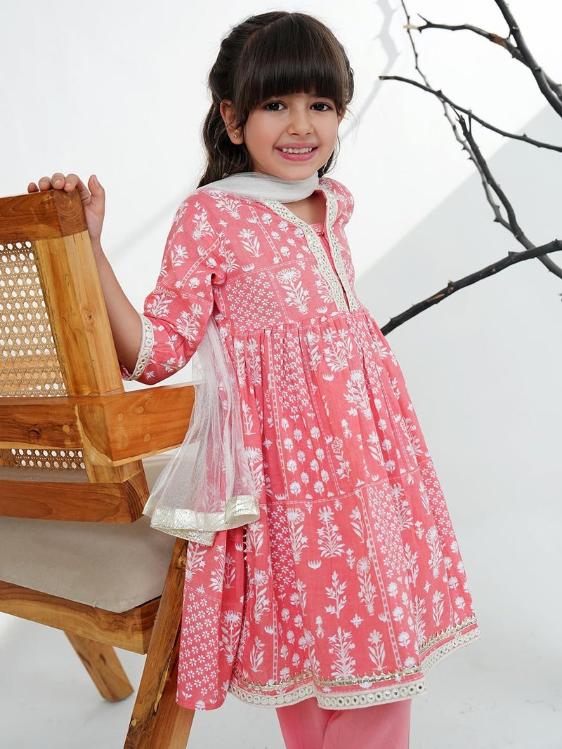 AJ DEZINES Kids Cotton 3/4th Sleeve Pink Kurta Sharara Set for Girls - Ethnic Wear | Festival Wear - Floral Printed, Regular Fit (G-1166-PINK-12-18M-16) - Image 5