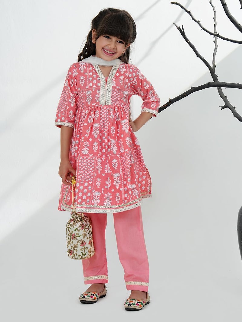 AJ DEZINES Kids Cotton 3/4th Sleeve Pink Kurta Sharara Set for Girls - Ethnic Wear | Festival Wear - Floral Printed, Regular Fit (G-1166-PINK-12-18M-16) - Image 2
