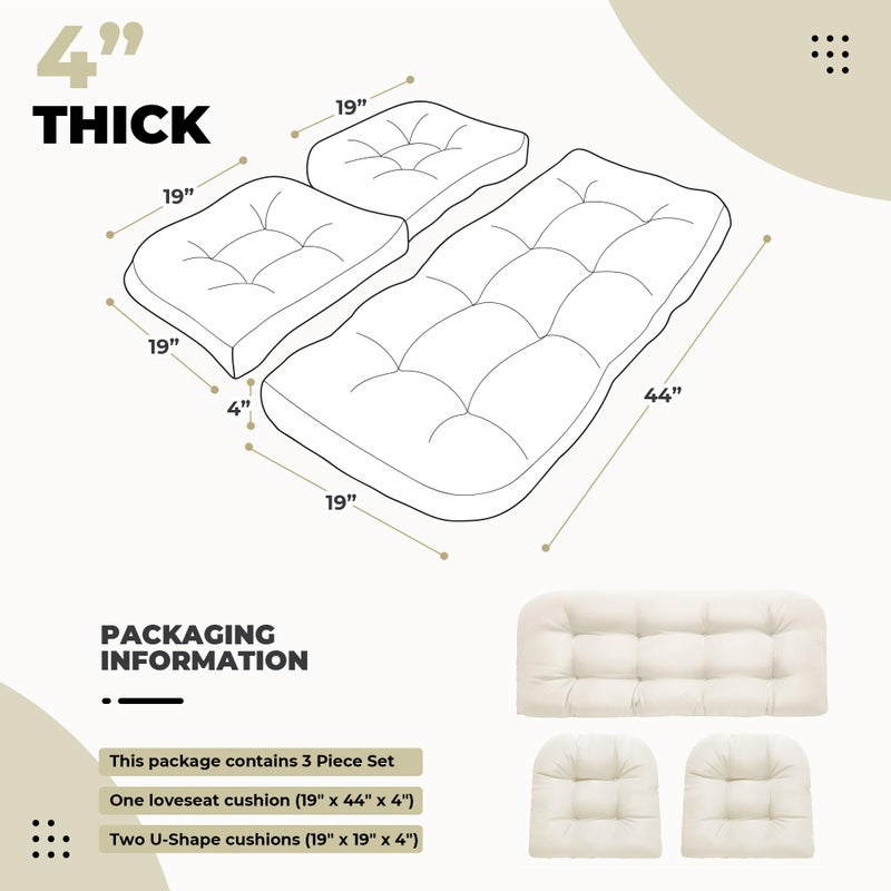 DANGHOOGY Wicker Chair Cushions, Waterproof Outdoor Loveseat Cushions for Patio Furniture, 3 Pieces Wicker Furniture Cushions, 1 Loveseat and 2 U-Shaped Cushions, Cream - Image 2