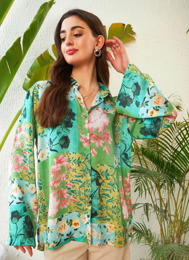 SASSAFRAS Floral Printed Oversized Casual Shirt for Women