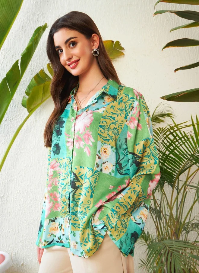 SASSAFRAS Floral Printed Oversized Casual Shirt for Women