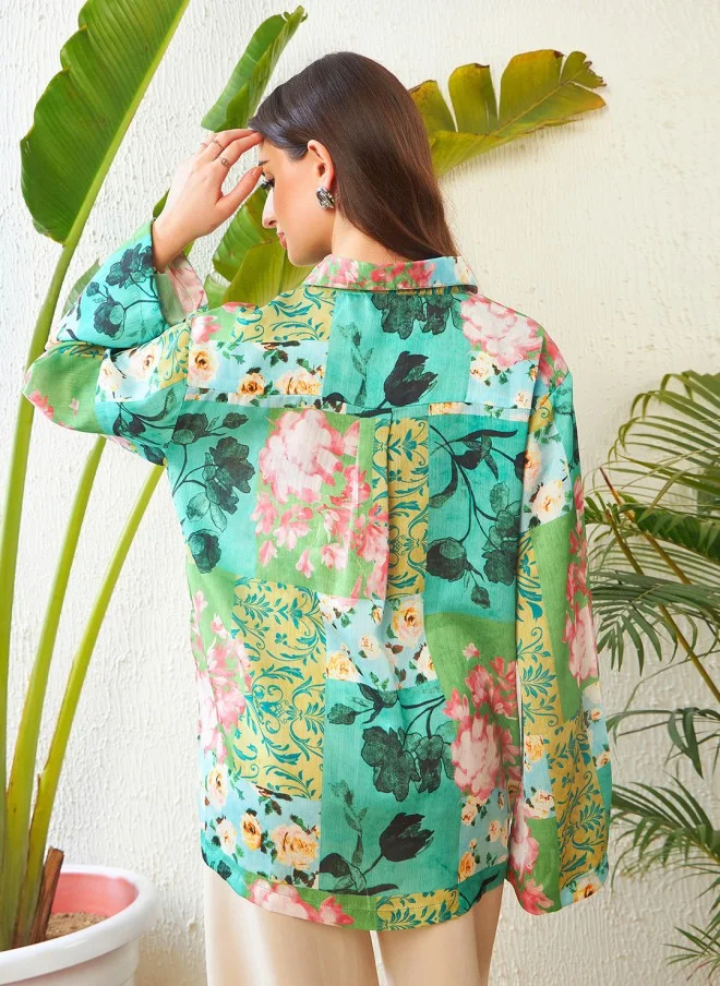 SASSAFRAS Floral Printed Oversized Casual Shirt for Women