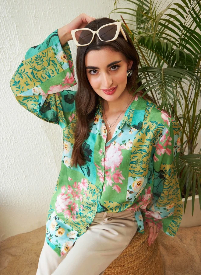 SASSAFRAS Floral Printed Oversized Casual Shirt for Women