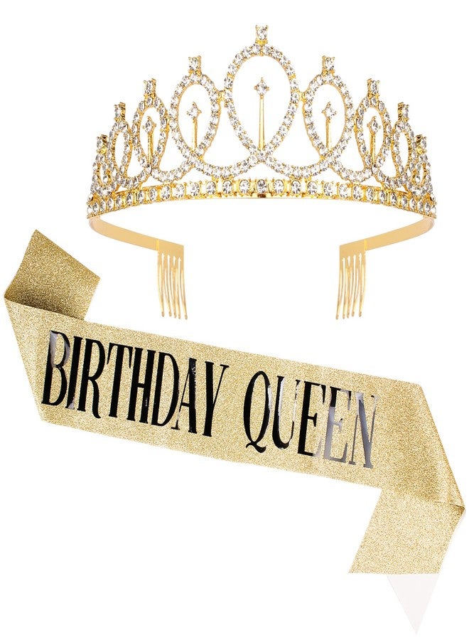 CAVETEE Birthday Crowns for Women Birthday Queen Sash & Rhinestone Tiara Set Birthday Tiaras and Sash for Women Birthday Glitter Birthday Decorations Gold Birthday Tiara Crowns for Women - Image 1