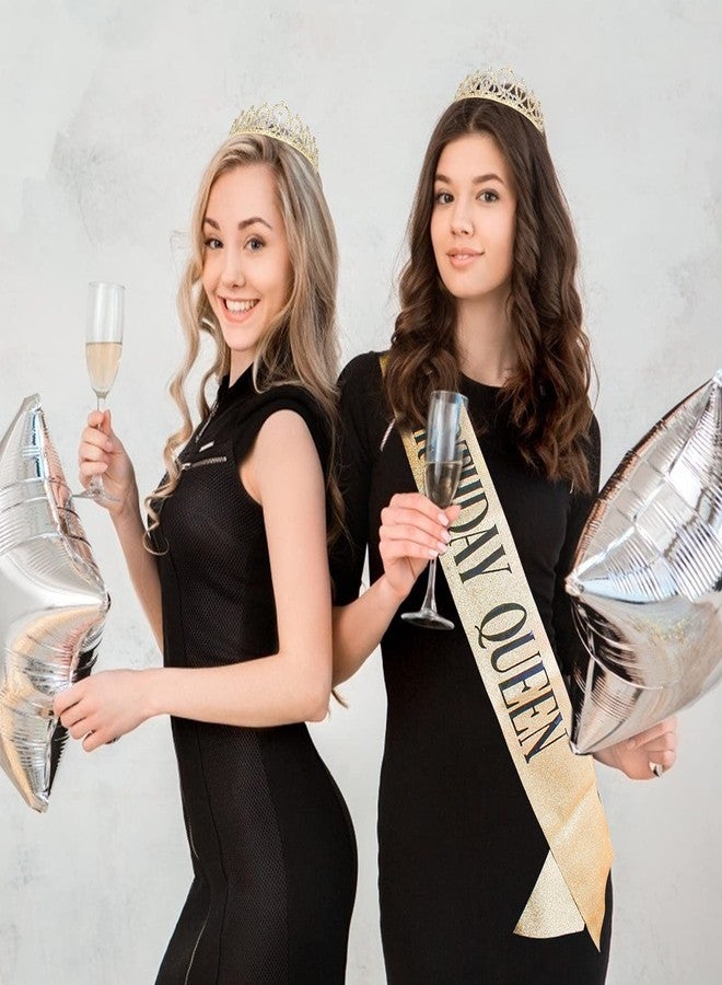 CAVETEE Birthday Crowns for Women Birthday Queen Sash & Rhinestone Tiara Set Birthday Tiaras and Sash for Women Birthday Glitter Birthday Decorations Gold Birthday Tiara Crowns for Women - Image 5