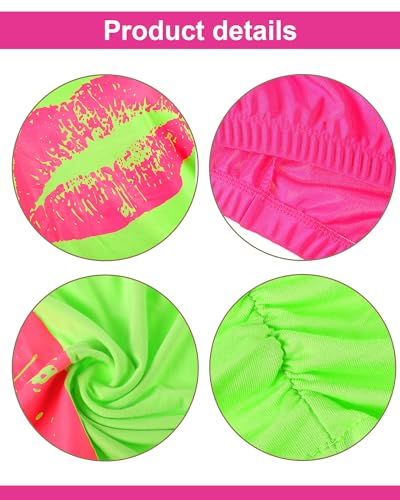 Blulu 80s Women Costume Set Lips Print off Shoulder Tshirt Geometric Legging Pants Earring Necklace Gloves Bracelet MediumFluorescent Green - Image 3