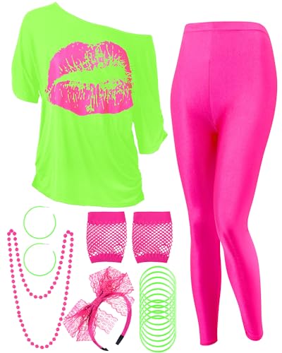 Blulu 80s Women Costume Set Lips Print off Shoulder Tshirt Geometric Legging Pants Earring Necklace Gloves Bracelet MediumFluorescent Green - Image 1