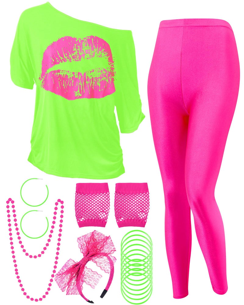Blulu 80s Women Costume Set Lips Print off Shoulder Tshirt Geometric Legging Pants Earring Necklace Gloves Bracelet MediumFluorescent Green - Image 2