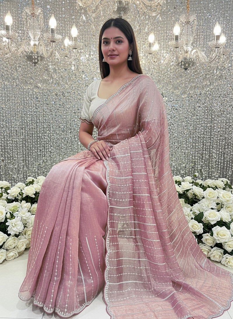 Glory Sarees Women’s Organza Chiffon Sequence Embroidery Work Scallop Border Saree With Blouse Piece (LF809_Pink) - Image 4