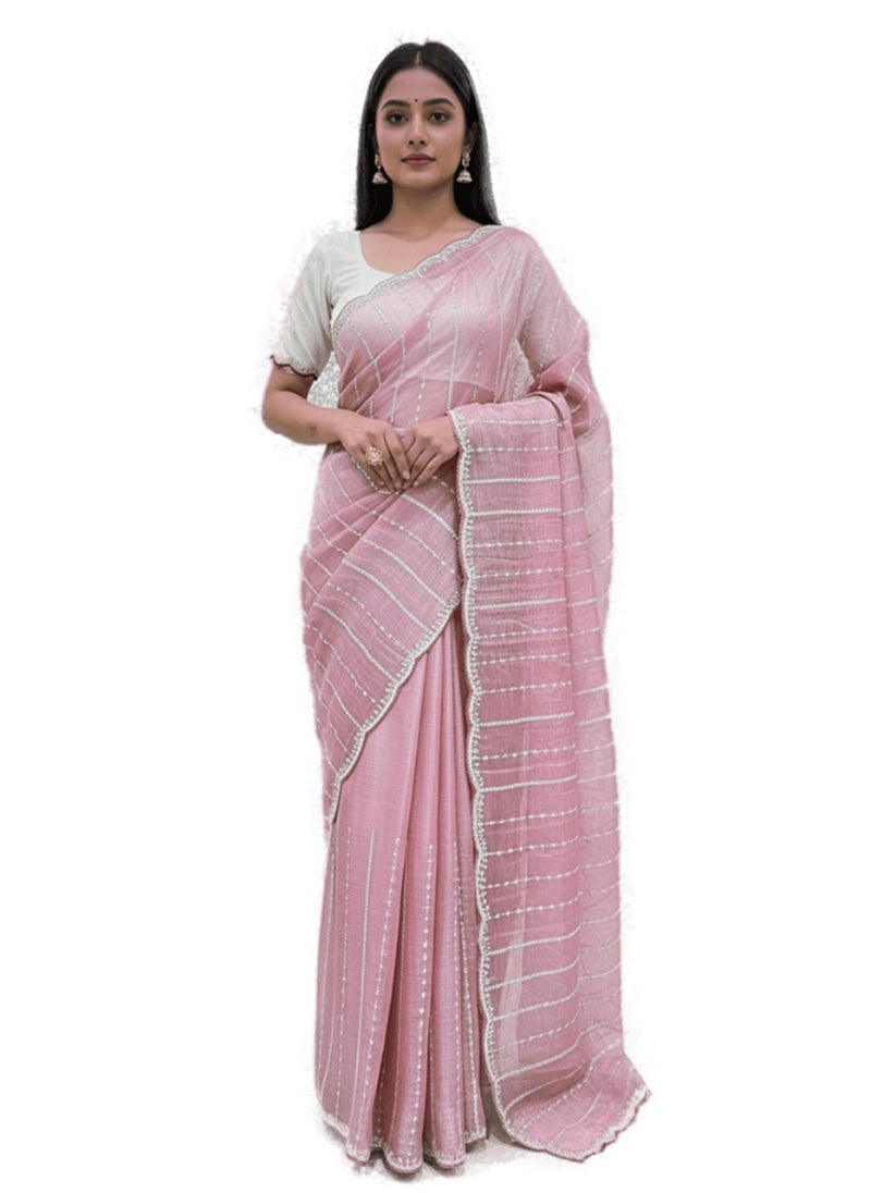 Glory Sarees Women’s Organza Chiffon Sequence Embroidery Work Scallop Border Saree With Blouse Piece (LF809_Pink) - Image 1