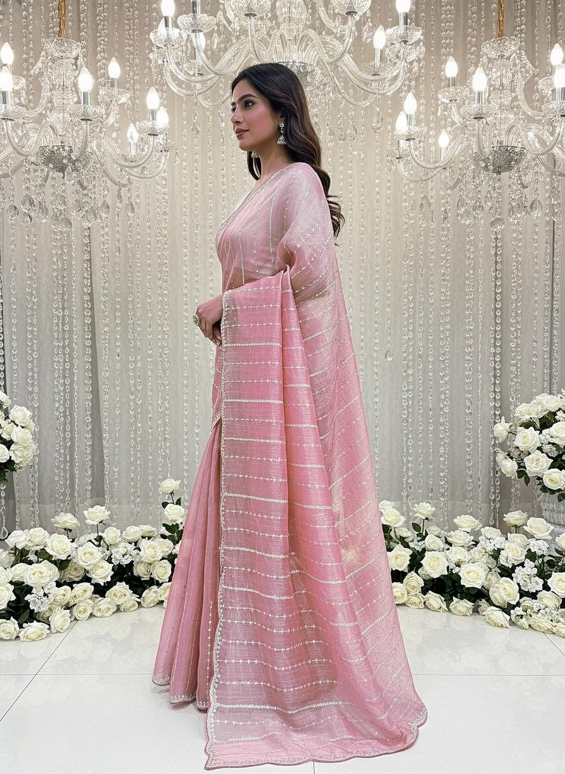 Glory Sarees Women’s Organza Chiffon Sequence Embroidery Work Scallop Border Saree With Blouse Piece (LF809_Pink) - Image 2