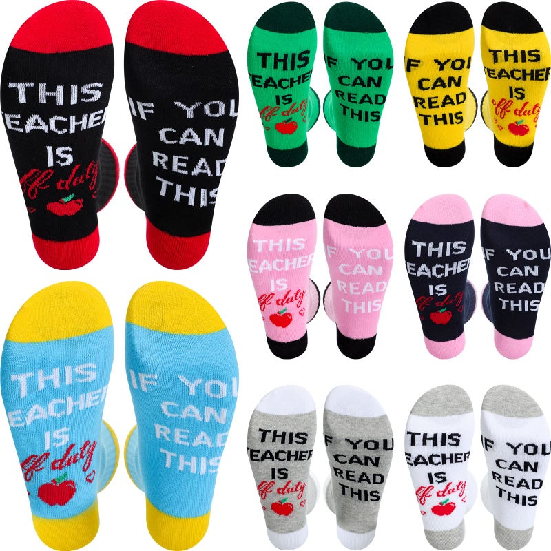Vicenpal 8 Pairs Funny Teacher Socks Appreciation Gifts for Women Men If You Can Read This Teacher Is off Duty Unisex Crew Socks for Thanks Graduation Birthday Party Christmas Socks Gifts - Image 1