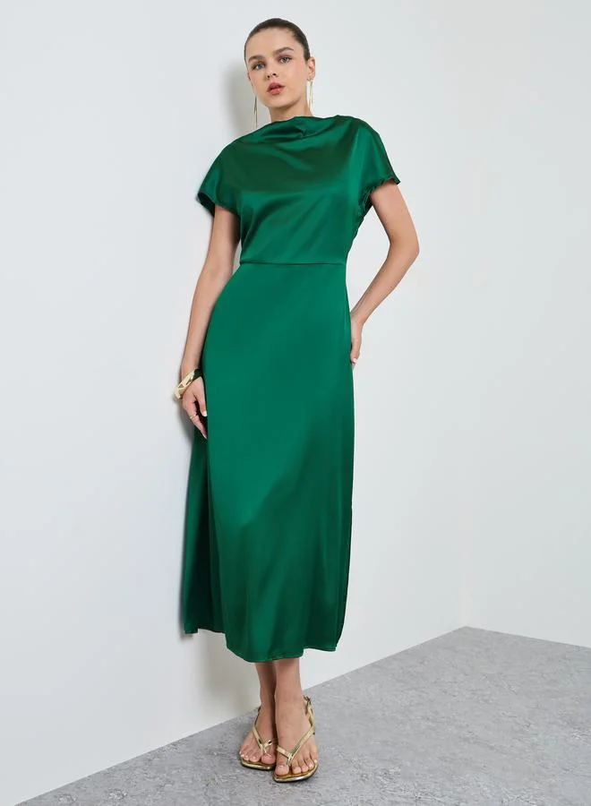 Take Two Green Solid Tie-Up Short Sleeves Details Midi Dress