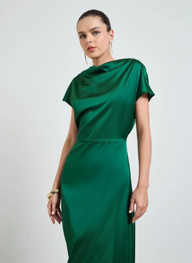 Take Two Green Solid Tie-Up Short Sleeves Details Midi Dress