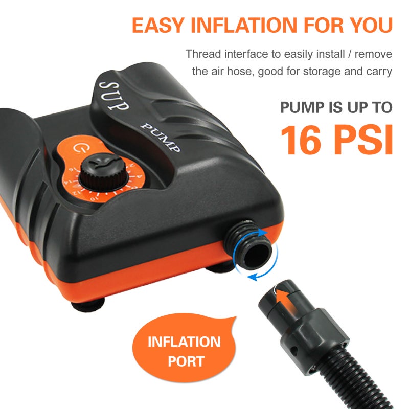 12V Air Pump, Orange, 16 PSI Automatic Stop, Portable Car Inflator - Stable Inflation, 6 Nozzles for Air Mattresses, Paddle Boards, Inflatable Equipment - Image 4