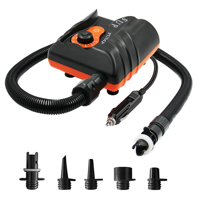 12V Air Pump, Orange, 16 PSI Automatic Stop, Portable Car Inflator - Stable Inflation, 6 Nozzles for Air Mattresses, Paddle Boards, Inflatable Equipment - Image 1