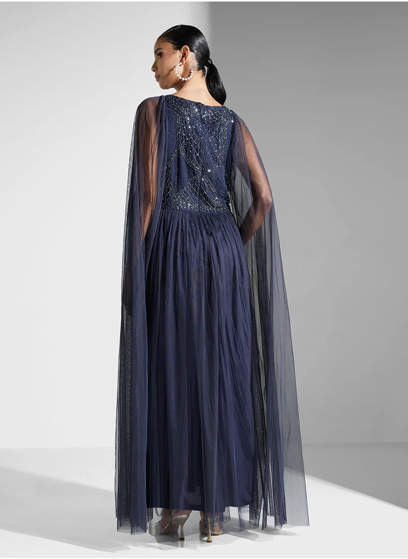 اميليا روز Embellished Flared Mesh Detailed Dress