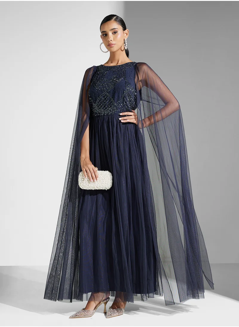 اميليا روز Embellished Flared Mesh Detailed Dress