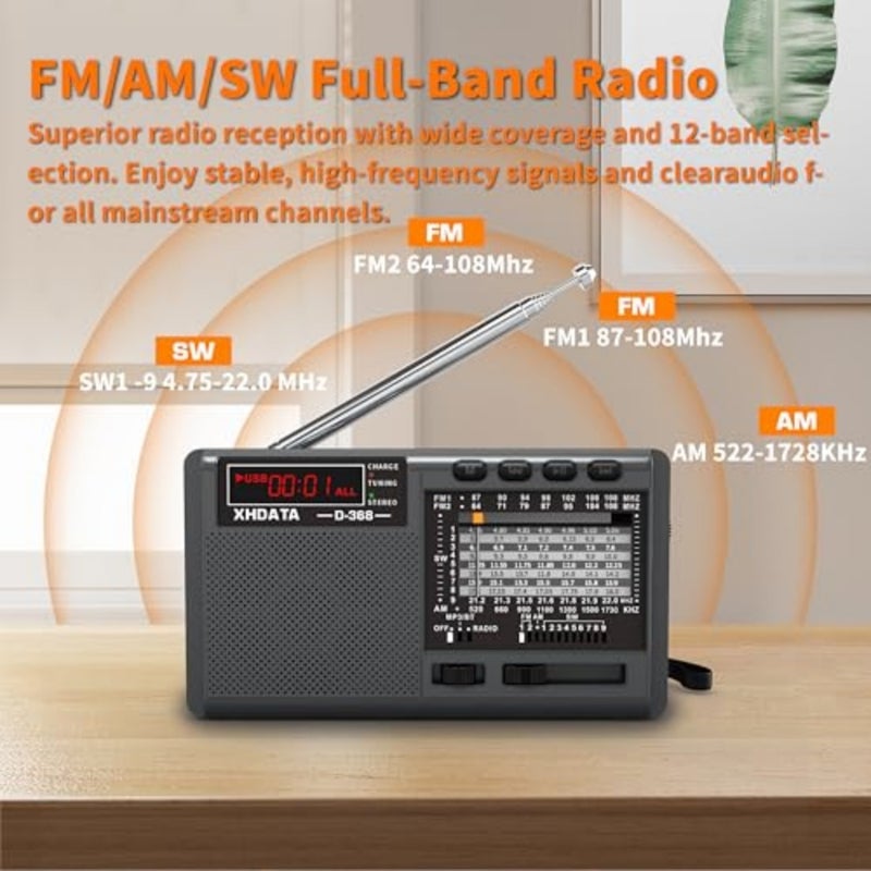 D-368 AM/FM/SW Portable Bluetooth Radio with USB/TF/Stereo MP3 Player Power by AC/Battery - Image 3