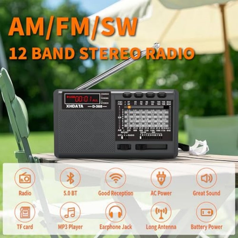 D-368 AM/FM/SW Portable Bluetooth Radio with USB/TF/Stereo MP3 Player Power by AC/Battery - Image 2