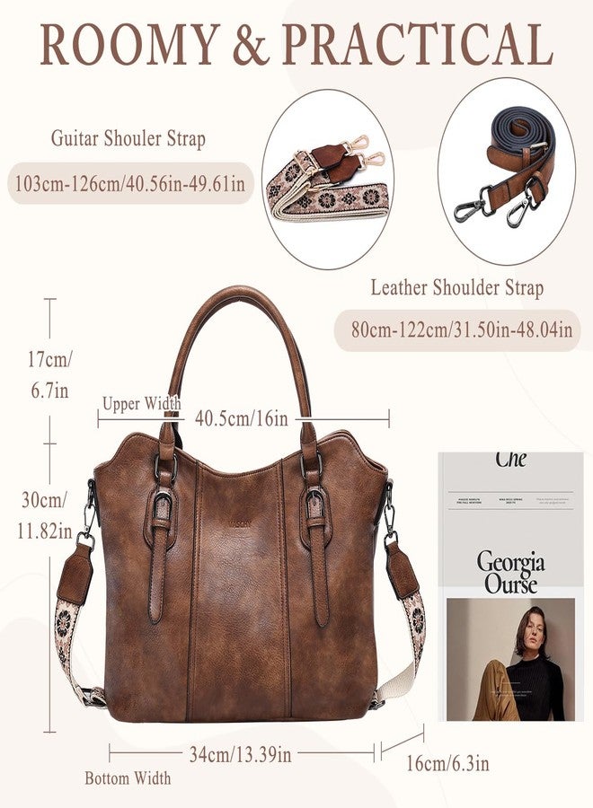 فاشي حقائب هوبو من فاشي للنساء، مصنوعة من الجلد النباتي، حقيبة يد بمقبض علوي، حقيبة كتف، حقيبة يد مع حزام كروسبودي على شكل جيتار، لون بني - Image 2
