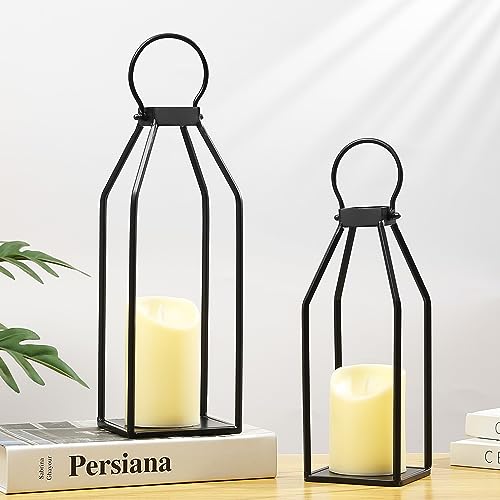 Perfnique Modern Farmhouse Lantern Decor, 15'' 13'' Set of 2 Black Metal Lantern, 2 LED 6hr Timer Flameless Candles ＆ Remote Timer, Lanterns Decorative for Outdoor, Home, Indoor, Patio, Christmas - Image 2
